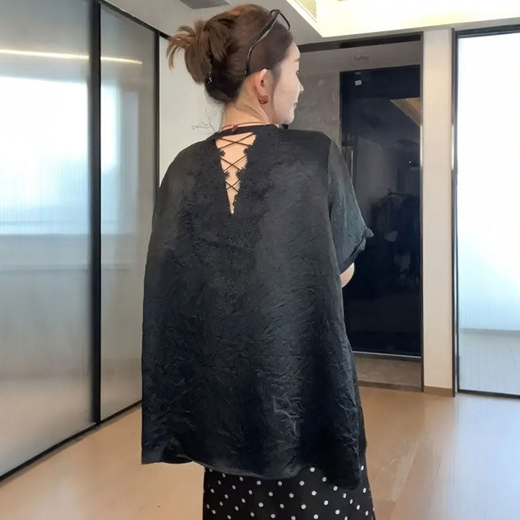 后背蕾丝镂空拼接醋酸短袖T恤女夏季大码胖MM设计感宽松显瘦上衣