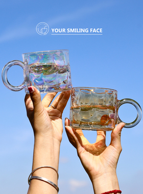 轻奢风玻璃杯小众ins大圆耳朵带把玻璃水杯啤酒杯家用喝水咖啡杯