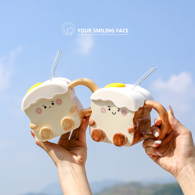 创意卡通陶瓷马克杯带盖带吸管家用男女生情侣款可爱喝水杯子一对