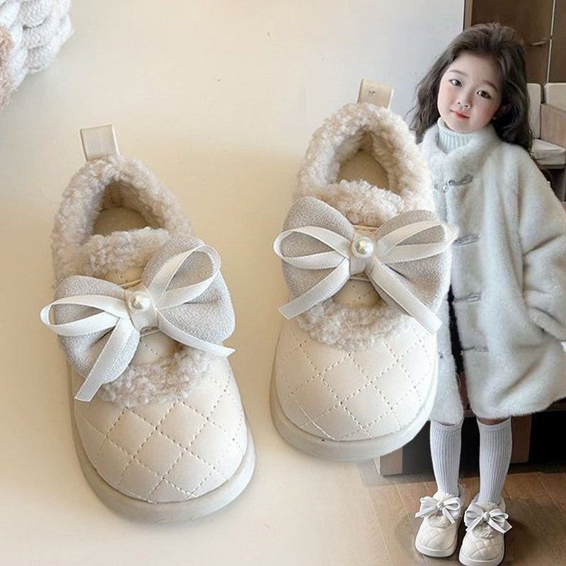 女童棉鞋2025冬季新款儿童加绒保暖毛毛鞋小公主蝴蝶结软底棉靴冬