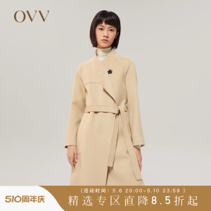 OVV秋冬女装立领随附腰带中长款休闲时尚双面呢大衣