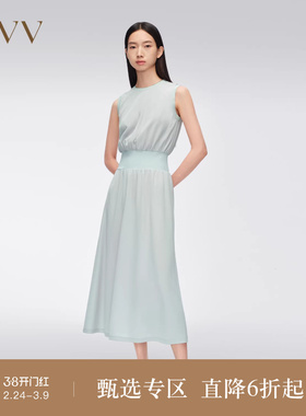 OVV春夏热卖女装进口三醋酸面料撞色刺绣边线无袖连衣裙