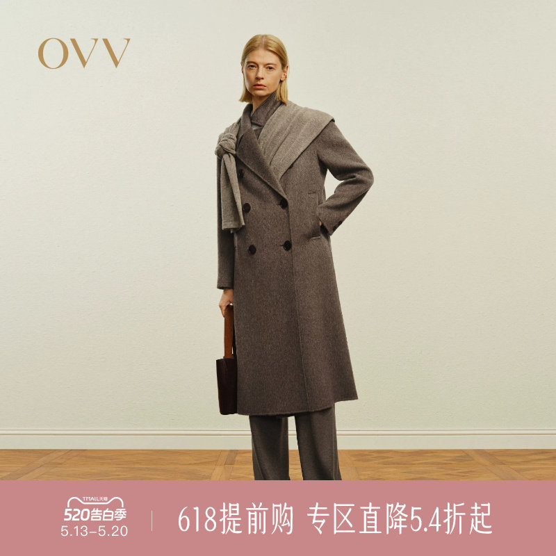 OVV秋冬热卖女装复古平驳领双排扣中长双面呢羊毛大衣