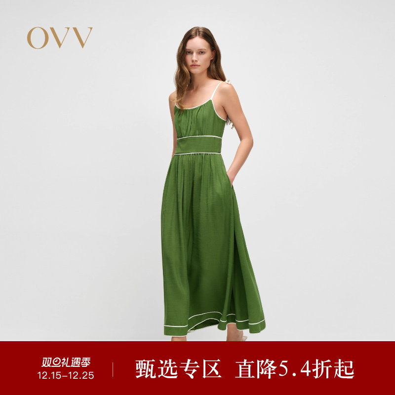 OVV2025春夏新款女装淡人醋酸仿麻面料法式浪漫吊带大裙摆连衣