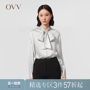 女装 OVV春夏热卖 20MM缎面绉泡泡袖 重磅真丝 飘带衬衫