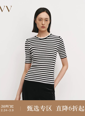 OVV秋冬热卖女装丝棉清爽条纹经典简约圆领短袖针织衫