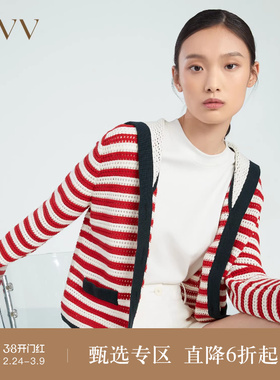 OVV春夏热卖女装新疆棉条纹海军领法式风格针织外套