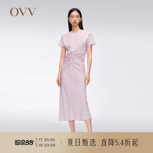 OVV春夏热卖女装进口三醋酸面料A字抽褶短袖连衣裙