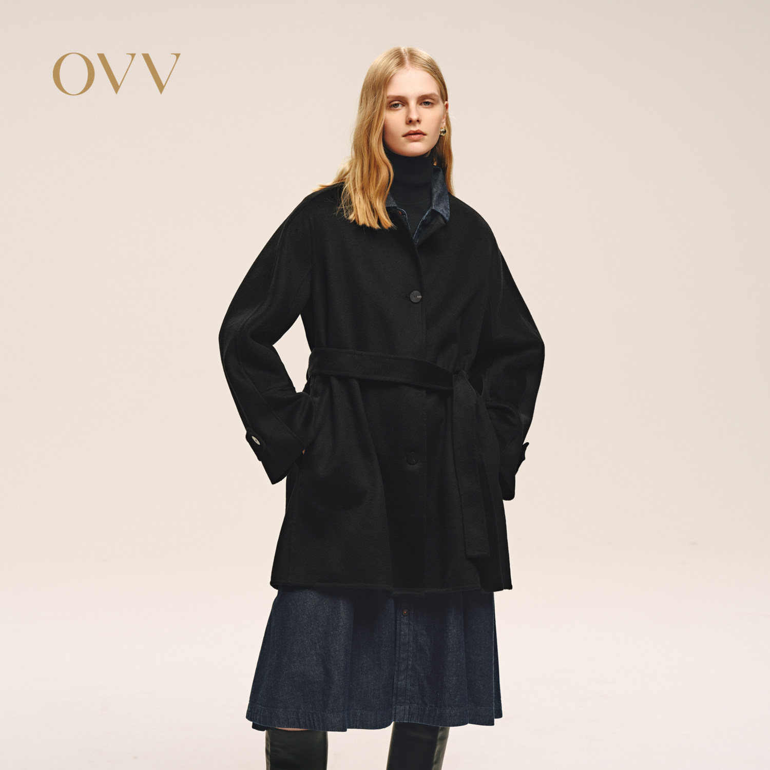 OVV2025秋冬新款女装经典圆领短款宽松休闲舒适羊绒大衣