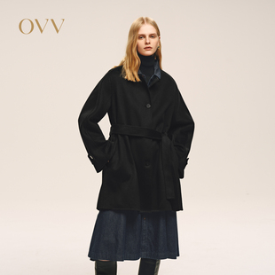OVV2025秋冬新款女装经典圆领短款宽松休闲舒适羊绒大衣