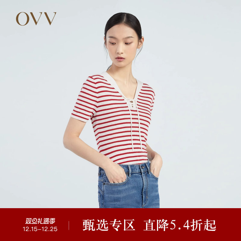 OVV春夏热卖女装桑蚕丝亚麻混纺系带海军风航海条纹短袖针织衫