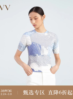 OVV春夏热卖女装柔软亲肤丝光棉肌理感手工印花短袖针织衫