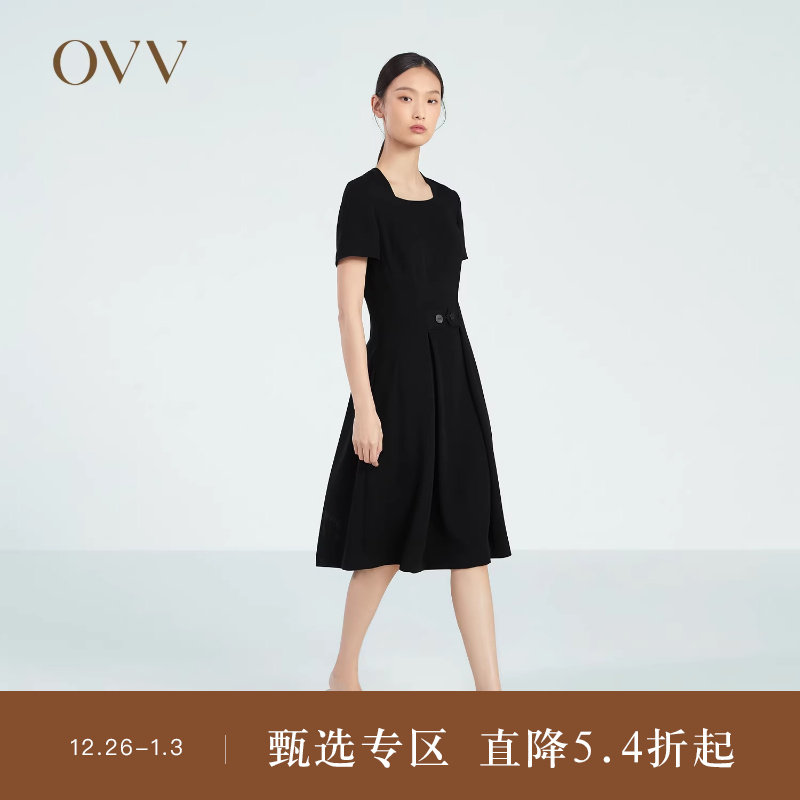 OVV春夏热卖女装十字纹醋酸复古优雅方领小黑裙短袖连衣裙