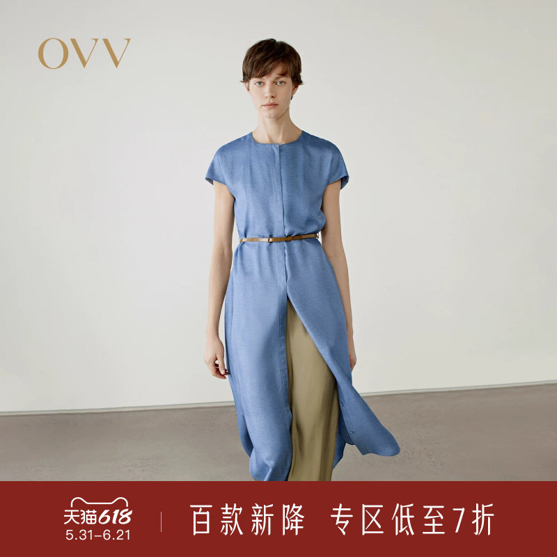 OVV春夏新款女装淡人18MM斜纹真丝牛仔印花圆领短袖连衣裙