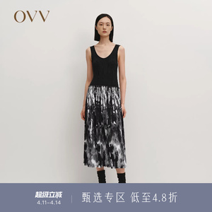 【黄金羊毛】OVV秋冬热卖女装针梭镶拼印花无袖连衣裙