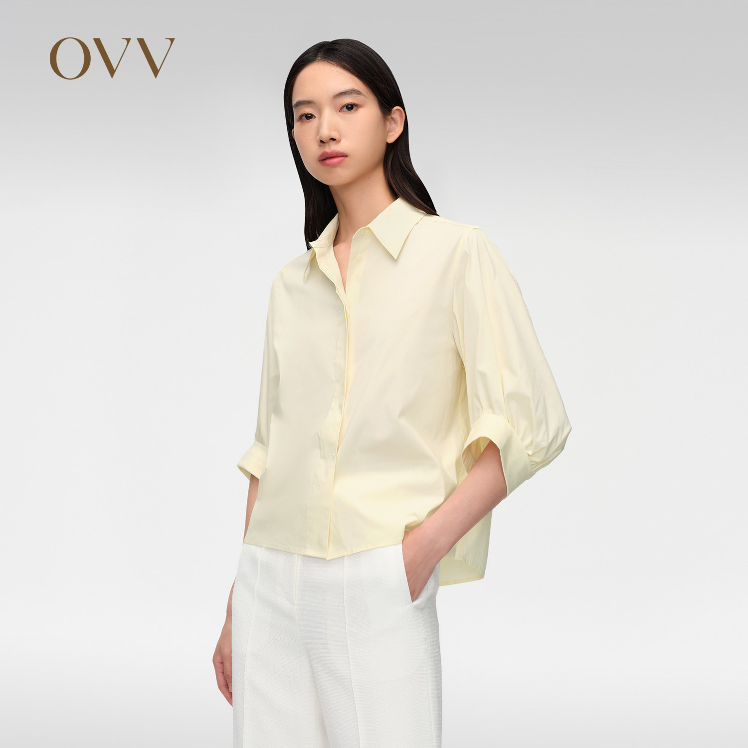 OVV春夏热卖女装棉质暗门襟翻领七分袖休闲舒适衬衫