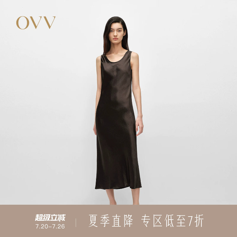 OVV春夏新款女装淡人简洁圆领醋酸缎面休闲吊带连衣裙