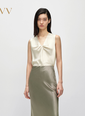 OVV2025春夏新款女装优雅高级缎面醋酸V领无袖休闲上衣