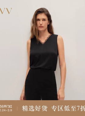 OVV2025秋冬新款女装V领缎面醋酸拼接日本进口睫毛蕾丝吊带背心