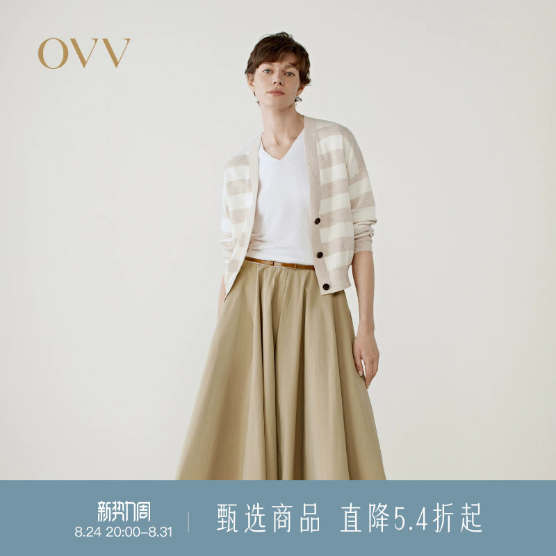 OVV春夏热卖女装淡人优雅V领宽条纹长绒棉长袖针织开衫