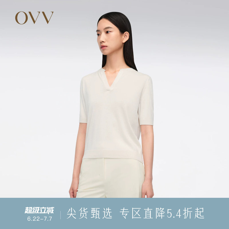 OVV春夏热卖女装丝羊绒混纺简约经典基础短袖针织衫