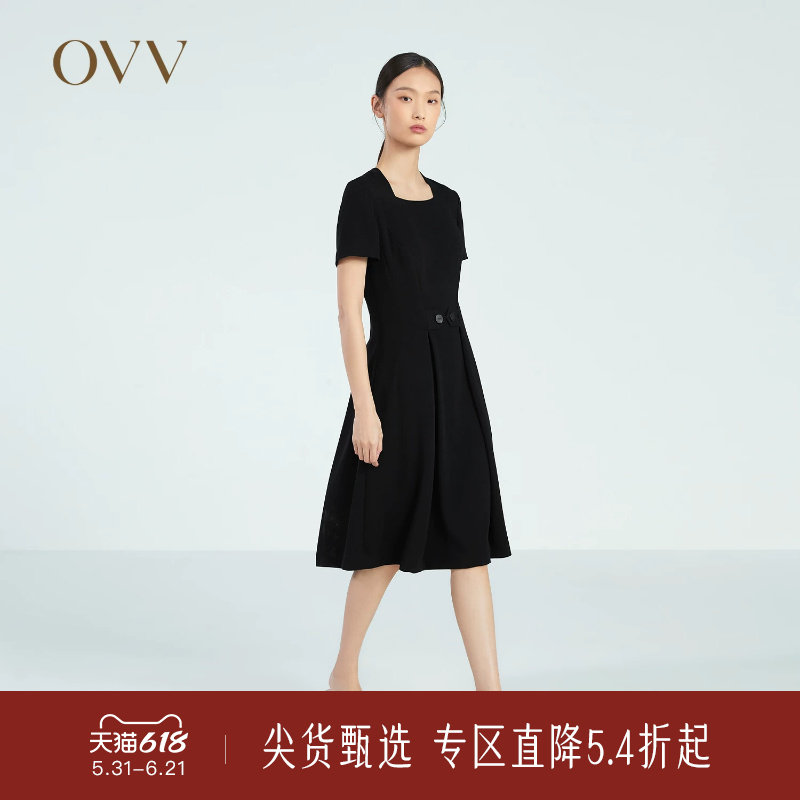 OVV春夏热卖女装十字纹醋酸复古优雅方领小黑裙短袖连衣裙