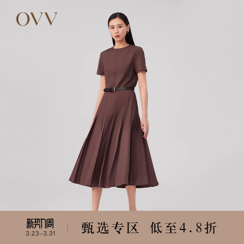 OVV秋冬新款女装优雅百褶下摆随附撞色腰带短袖连衣裙