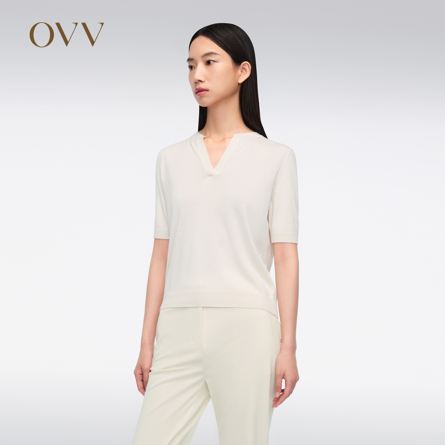 OVV2024春夏新款女装丝羊绒混纺简约经典基础短袖针织衫