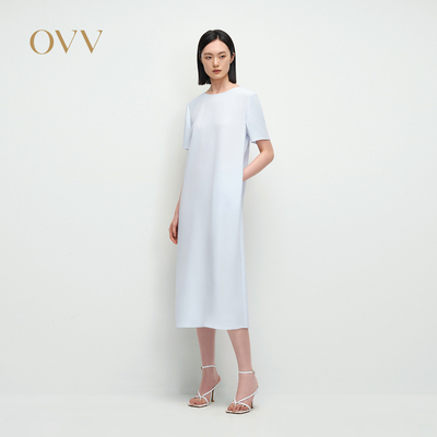 OVV2025春夏新款女装淡人醋酸混纺简约基础圆领直筒短袖连衣裙