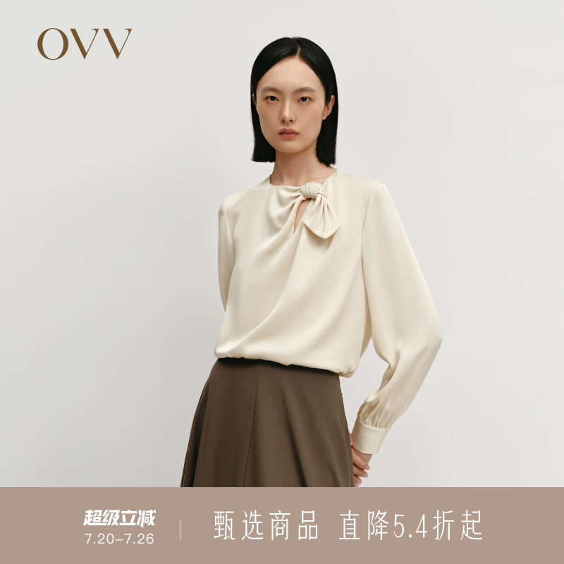 OVV秋冬热卖女装缎面醋酸肌理感圆领扭结设计长袖衬衫