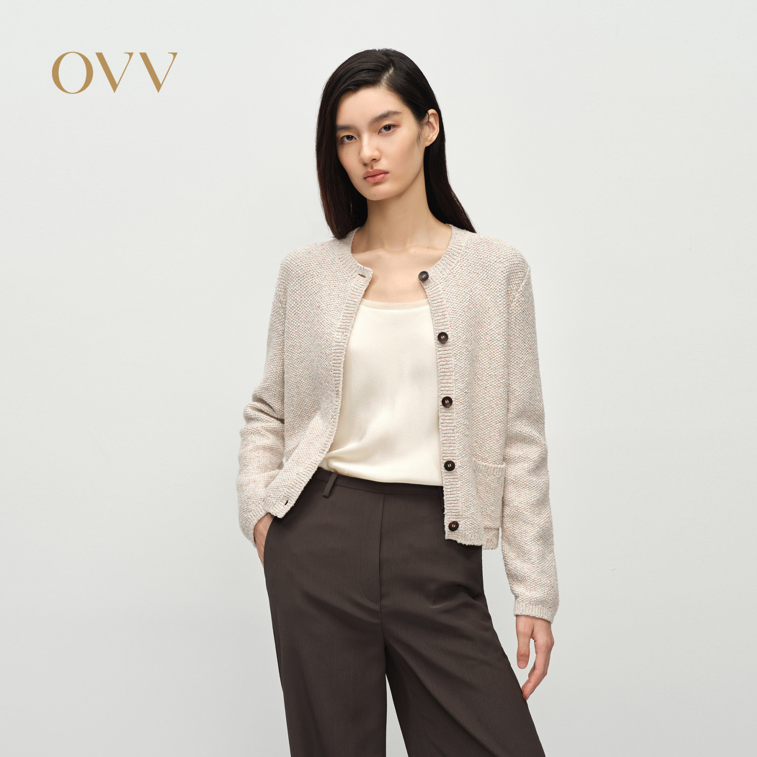 OVV春夏热卖女装淡人经典圆领箱型花色纱线针织开衫外套图片
