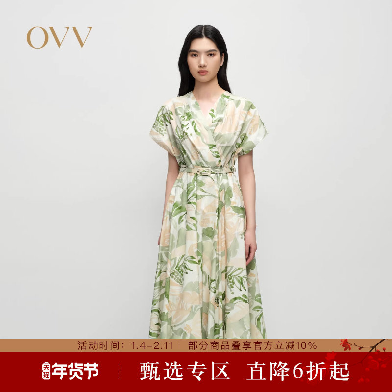 OVV2025春夏新款女装温柔优雅叠门襟清新印花飞袖连衣裙