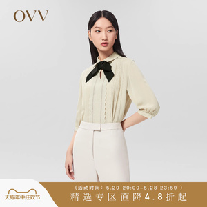 【爱情而已同款】OVV春夏热卖女装22MM鬼绉撞色蝴蝶结短袖衬衫