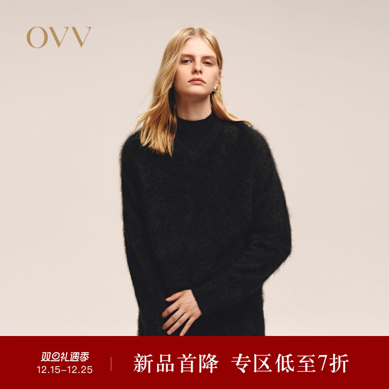 OVV2025秋冬新款女装优雅大气V领拉绒工艺长袖羊绒衫