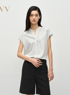 OVV2025春夏新款女装淡人精致小立领易打理短袖休闲衬衫上衣