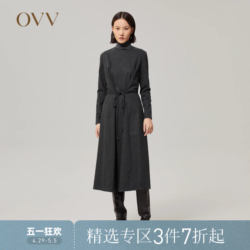 OVV秋冬女装意大利进口羊毛羊绒混纺收腰A字长袖连衣裙