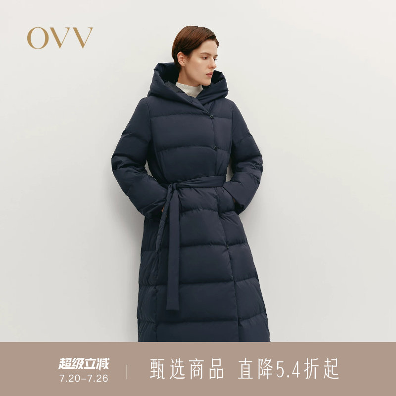 OVV秋冬热卖女装大横格绗线保暖蓬松连帽长款羽绒服