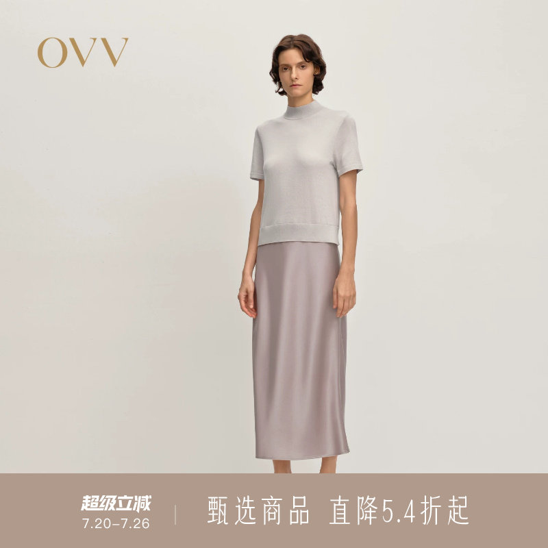 OVV秋冬新款女装针梭镶拼开衩设计假两件短袖连衣裙