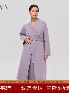 OVV秋冬新款女装杂花羊毛羊驼混纺随附腰带装饰长款大衣