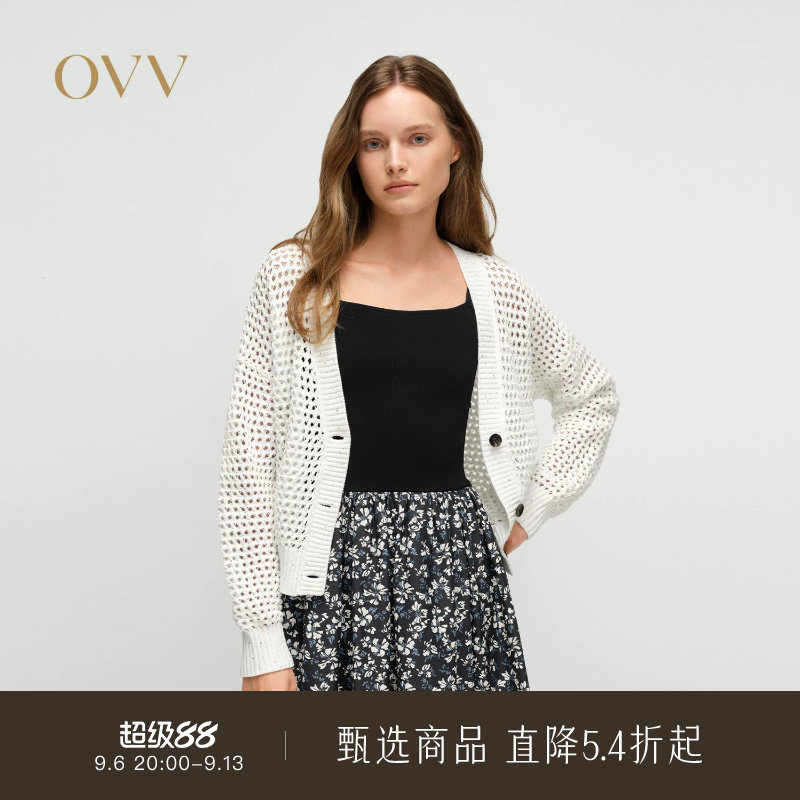 OVV春夏热卖女装淡人棉质面料珠片点缀镂空V领针织开衫外套图片