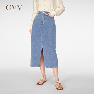 OVV2024春夏新款女装意大利进口面料简约A字开衩牛仔半身裙