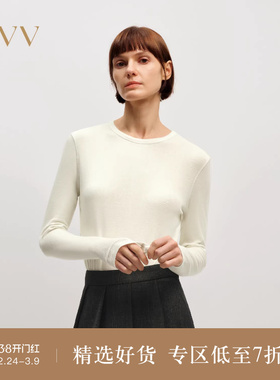 OVV2025秋冬新款女装天丝羊毛简约圆领基础打底长袖T恤