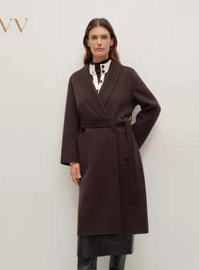 OVV2025秋冬新款女装直筒版型随附腰带青果领长款大衣