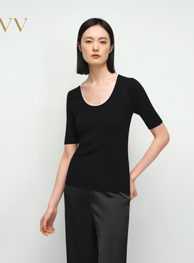 OVV2025春夏新款女装淡人简约轻盈修身大U领短袖罗纹针织衫