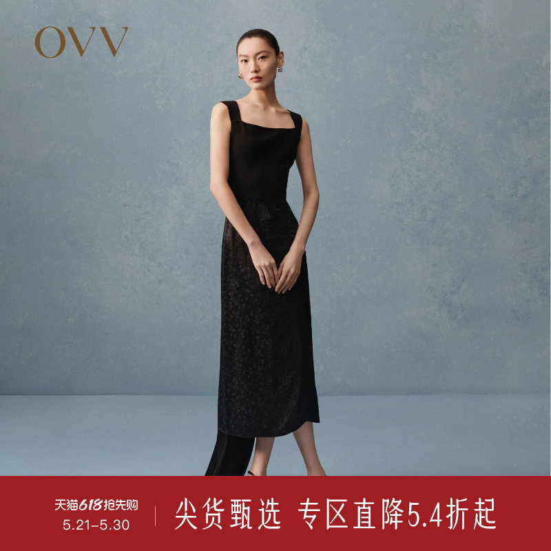 OVV春夏热卖女装方领宽肩带小黑裙优雅简约无袖连衣裙