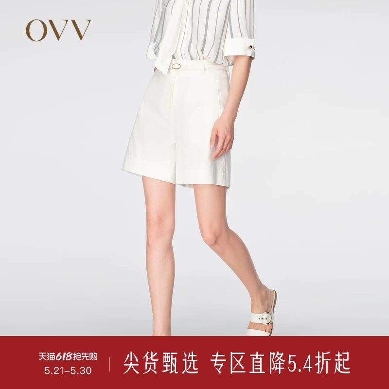 OVV春夏热卖女装棉麻混纺随附腰带经典直筒休闲短裤