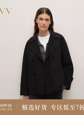 OVV2025秋冬新款女装翻领复古双排扣优雅舒适羊毛短大衣