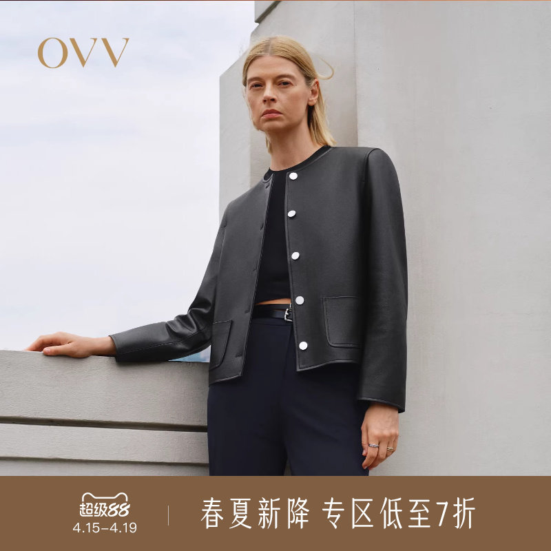OVV秋冬热卖女装时髦简洁小圆领高级羊皮革皮衣外套