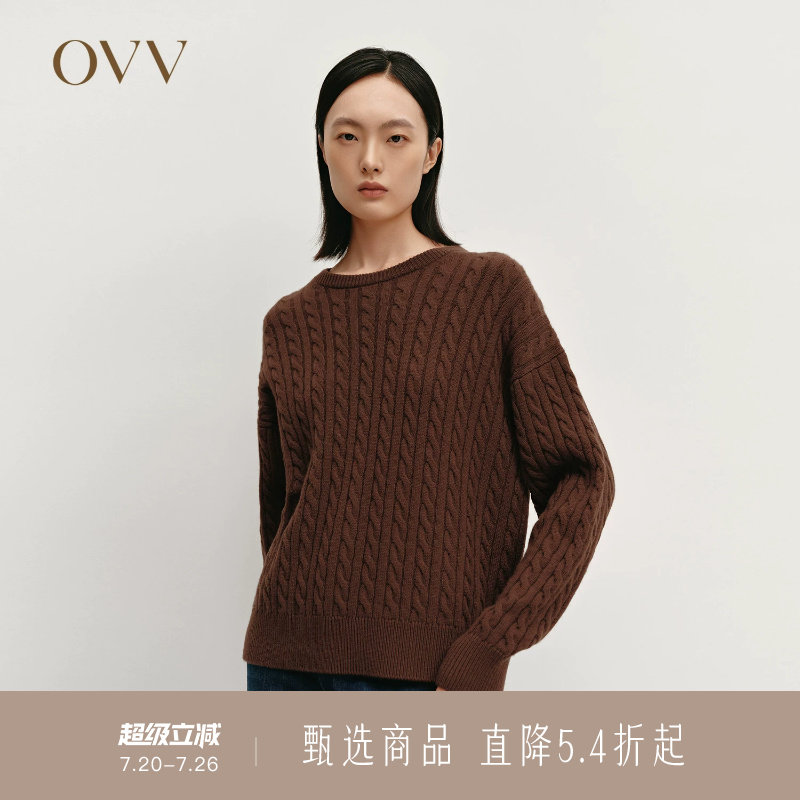 OVV秋冬热卖女装复古立体麻花竖条纹圆领保暖轻盈羊绒衫