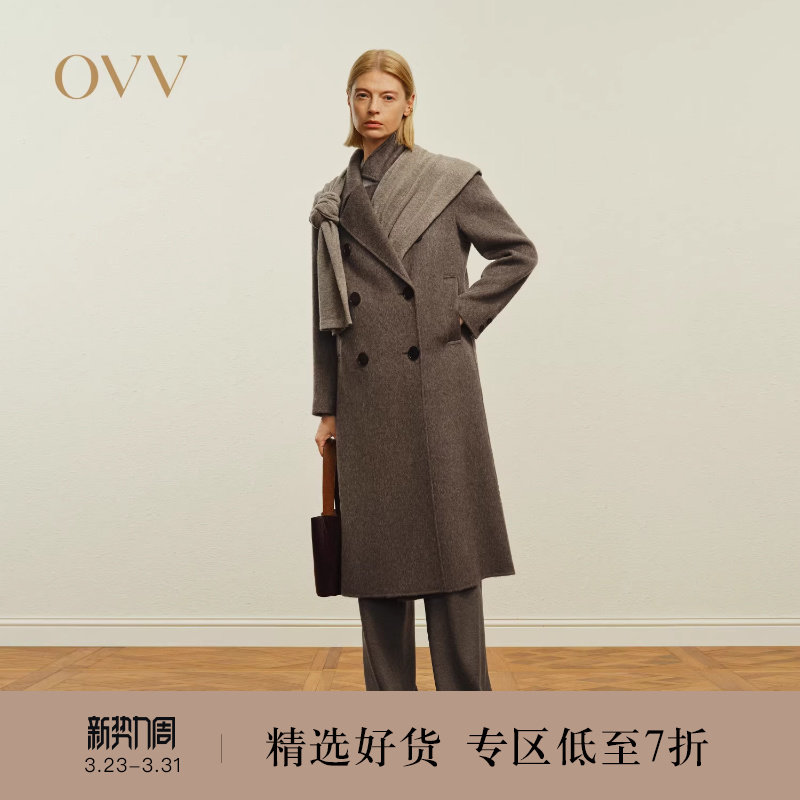 OVV秋冬热卖女装复古平驳领双排扣中长双面呢羊毛大衣